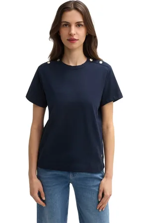JOOP! Top, Dame, Sort, L, Uld, Mørkeblå T-shirt med knaplukning på skuldrene