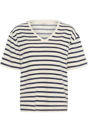 Part Two Top, Dame, Blå, XL, Uld, Stribet T-shirt med V-udskæring