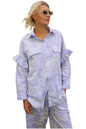 Crās Bluser & Skjorter, Dame, Blå, XL, Bomuld, Blomst Broderet Oversized Skjorte