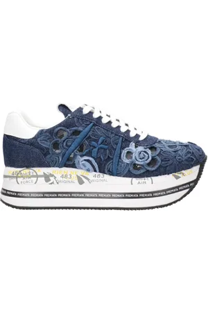 Premiata Sko, Dame, Blå, 36 EU, Denim, Blå Denim Broderede Sneakers