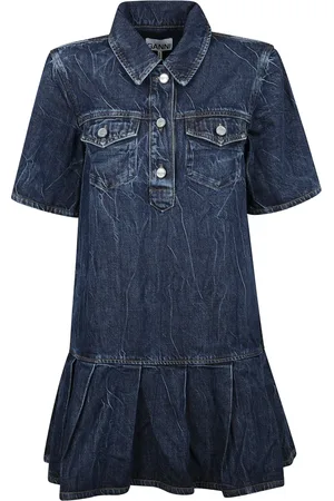 Ganni Kjole, Dame, Blå, S, Denim, Denim Crinkle Vasket Kjole med Krave