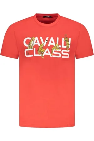 Roberto Cavalli Top, Herre, Rød, XL, Bomuld, Fed Print Crew Neck T-Shirt