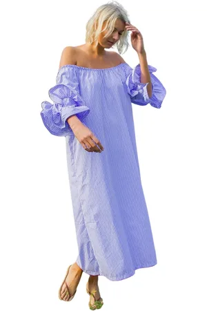 Crās Kjole, Dame, Blå, L, Uld, Blå Stribet Off-Shoulder Midi Kjole