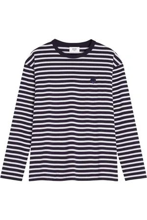 Maison Kitsuné Top, Herre, Blå, XL, Bomuld, Stribet bomulds sweater med logo patch