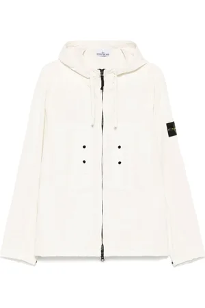 Stone Island Jakke, Herre, Hvid, XL, Bomuld, Hvid Hættetrøje med Badge