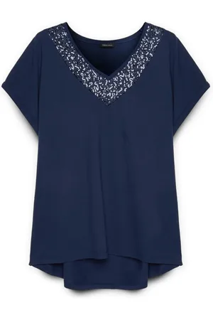 Fiorella rubino Top, Dame, Blå, L, Bomuld, T-shirt med broderet halsudskæring