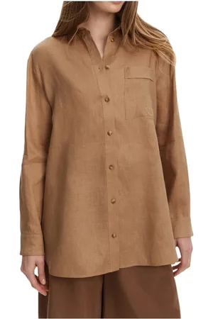 Max Mara Bluser & Skjorter, Dame, Brun, M, Uld, Sandbrun Hørskjorte med Logo Broderi