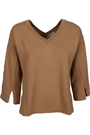 KANGRA CASHMERE Strik, Dame, Brun, S, Bomuld, Beige Bomuld V-Hals Sweater
