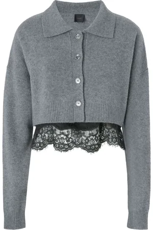 Pinko Strik, Dame, Grå, M, Satin, Grå Cropped Cardigan med Satin Top