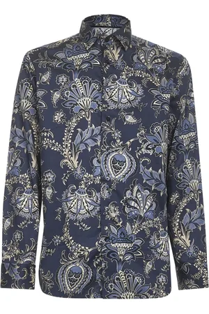 Etro Skjorte, Herre, Blå, 3XL, Bomuld, Blomstret knap-op skjorte