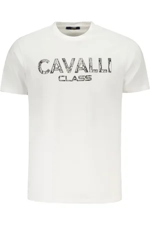 Roberto Cavalli Top, Herre, Hvid, M, Bomuld, T-shirt i bomuld med fedt tryk og ikonisk logo