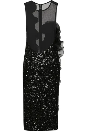 ROTATE Kjole, Dame, Sort, M, Polyester, Midi kjole med flæser og palietter