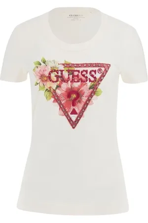Guess Top, Dame, Hvid, S, Bomuld, Trekant Perler T-shirt Bomuld Stræk Slim Fit