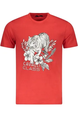 Roberto Cavalli Top, Herre, Rød, M, Bomuld, Ildrød Bomuld T-shirt med Kommanderende Print