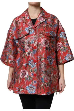 Dolce & Gabbana Jakke, Dame, Rød, S, Rød Blomstret Jacquard Knapfrakke