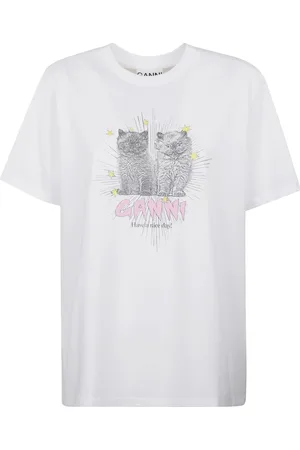 Ganni Top, Dame, Hvid, M, Bomuld, Hvid Relaxed Kittens Grafisk T-shirt