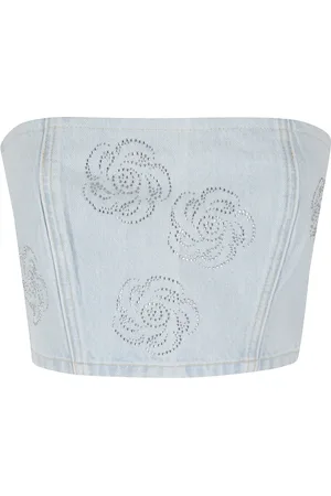 ROTATE Top, Dame, Blå, S, Denim, Studded Denim Cropped Top
