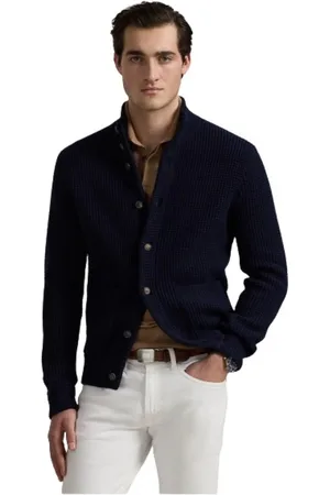Ralph Lauren Strik, Herre, Blå, L, Bomuld, Vaffelstrikket højhalset cardigan