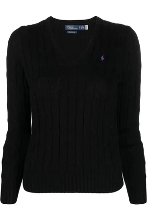 Ralph Lauren Strik, Dame, Sort, L, Bomuld, Sort V-hals sweater med logo
