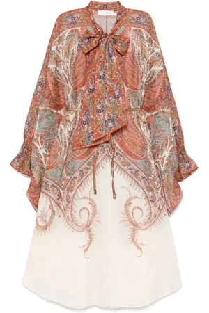 ZIMMERMANN Kjole, Dame, Flerfarvet, M, Blush Beige Bæltet Bue Krave Kjole