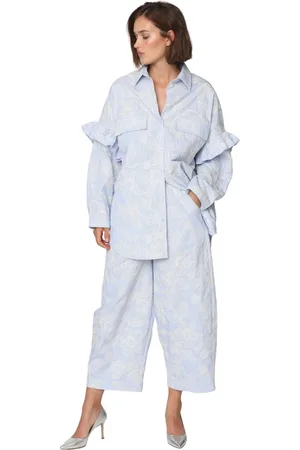 Crās Bukser, Dame, Blå, XL, Bomuld, Blomstret broderede bukser med brede ben