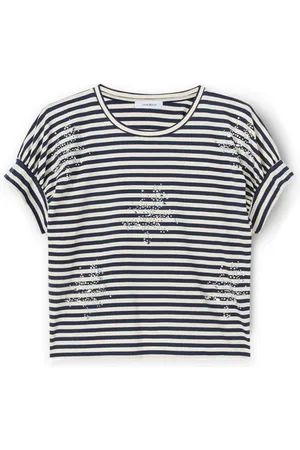 Motivi Top, Dame, Blå, XS, Bomuld, Stribet T-shirt med rhinsten og ædelstene