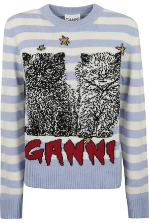 Ganni Strik, Dame, Blå, S, Langærmet sweater med blå stribet kattegrafik