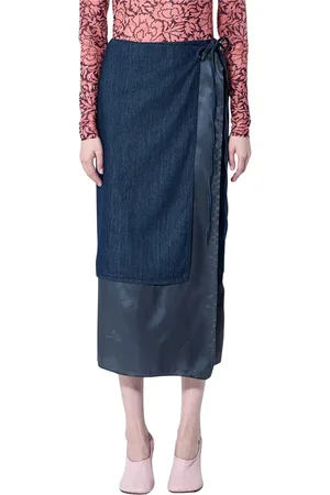 DRIES VAN NOTEN Nederdel, Dame, Blå, S, Satin, Wrap Nederdel med Satinpaneler
