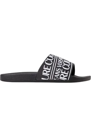 VERSACE Sko, Herre, Sort, 42 EU, Uld, Sort Logo Slide Sandaler Stilfuld Komfort