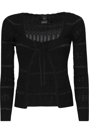 Pinko Strik, Dame, Sort, S, Bomuld, Sort Ribstrikket Sweater med Punched Mønster