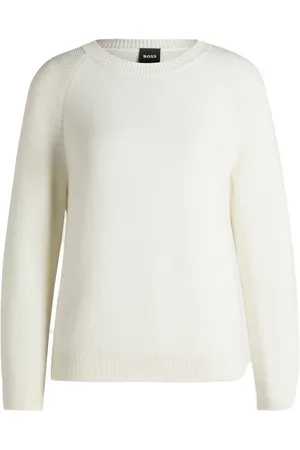 HUGO BOSS Strik, Dame, Hvid, S, Bomuld, Hvid Striktrøje med Rund Hals