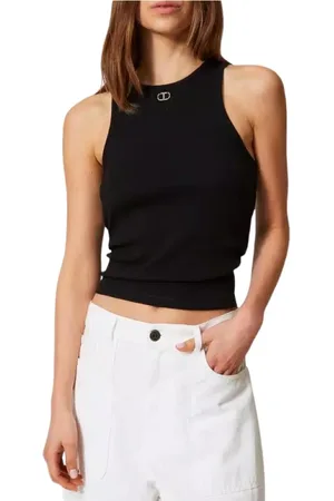 Twin-Set Top, Dame, Sort, S, Rillet tilpasset top med oval halsudskæring