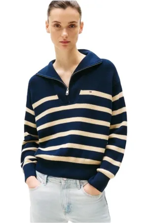 Tommy Hilfiger Strik, Herre, Blå, 2XS, Bomuld, Stribet halv lynlås strikvest