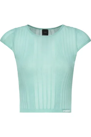 Pinko Strik, Dame, Blå, L, Turkis Crewneck Sweater Letvægts Ribbet Strik