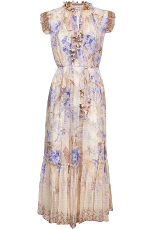 ZIMMERMANN Kjole, Dame, Flerfarvet, S, Uld, Blomstret Print Midi Kjole Lilla