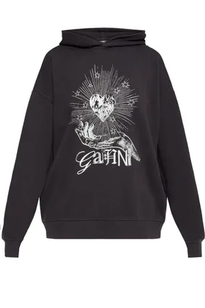 Ganni Sweathshirts & Hoodies, Dame, Sort, S, Bomuld, Sort Bomuld Hættetrøje med Grafisk Print