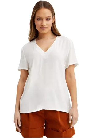 FAY Top, Dame, Hvid, L, Bomuld, Hvid V-hals bluse med korte ærmer