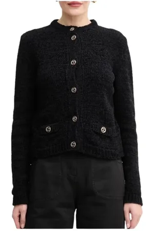 Twin-Set Strik, Dame, Sort, M, Uld, Strikket Cardigan med Gyldne Knapper