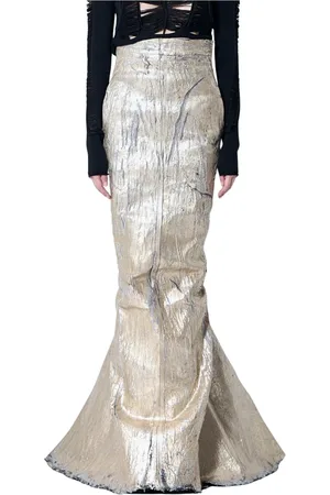 Rick Owens Nederdel, Dame, Gul, S, Denim, Metallic Coated Denim Asymmetrisk Nederdel