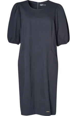Elton Kjole, Dame, Blå, 3XL, Bomuld, Navy Kjole med Puffed Ærmer