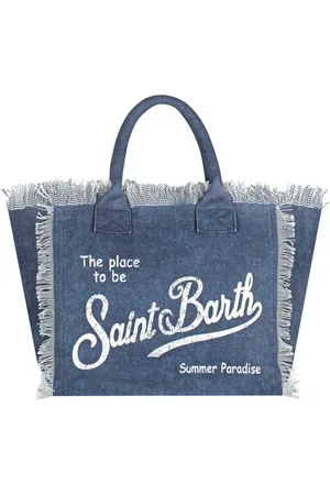 MC2 SAINT BARTH Taske, Dame, Blå, ONE SIZE, Denim, Canvas denim strandtaske med frynser