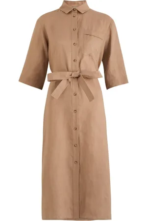 Max Mara Kjole, Dame, Brun, L, Uld, Brunt hørkjole med snøret talje
