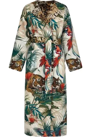 Roberto Cavalli Frakke, Dame, Flerfarvet, M, Tyl, Jungle Print Silke Bæltet Frakke