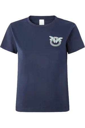 Pinko Top, Dame, Blå, S, Love Birds Broderet T-shirt