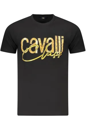 Roberto Cavalli Top, Herre, Sort, M, Bomuld, T-shirt med fedt print og rund hals
