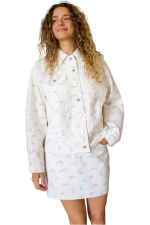 Crās Jakke, Dame, Hvid, XS, Denim, Blomstret denimjakke med knaplukning