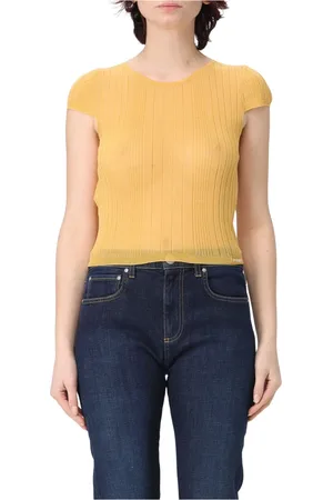 Pinko Strik, Dame, Gul, S, Crepe T-shirt i Tambora-stil