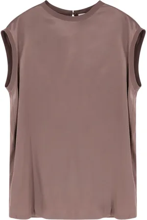 Brunello Cucinelli Top, Dame, Brun, XS, Silke Ærmeløs Sweater med Bagknap