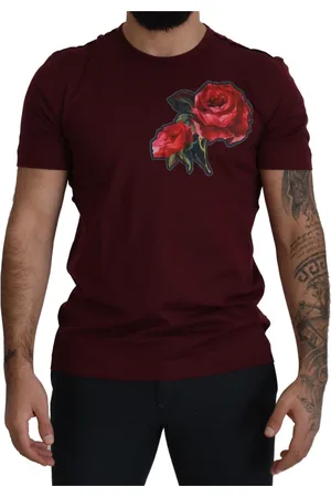 Dolce & Gabbana Top, Herre, Rød, L, Bomuld, Bordeaux Roses Motif Crewneck Tee
