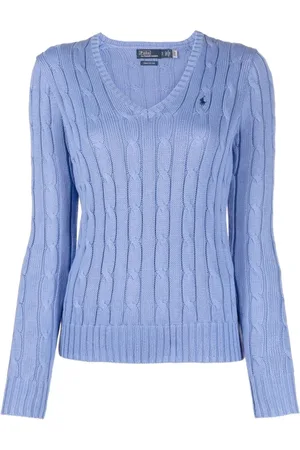 Ralph Lauren Strik, Dame, Blå, S, Bomuld, Blå V-Hals Sweater Elegant Stil